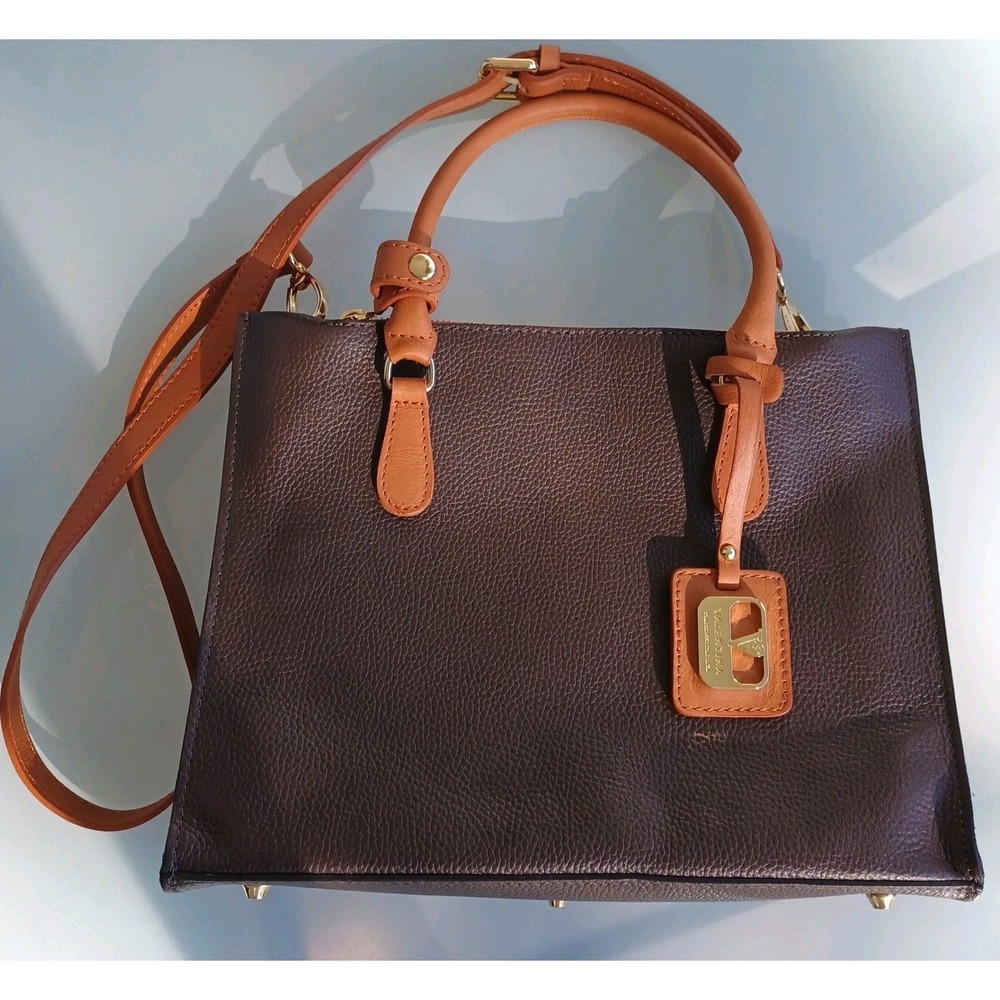 Valentina Dark Brown Pebbled Leather Top Handle Crossbody Bag Satchel Made Italy